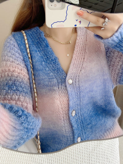 Rainbow Gradient Color Sweater Loose Lazy Long-sleeved V-neck Knit Cardigan