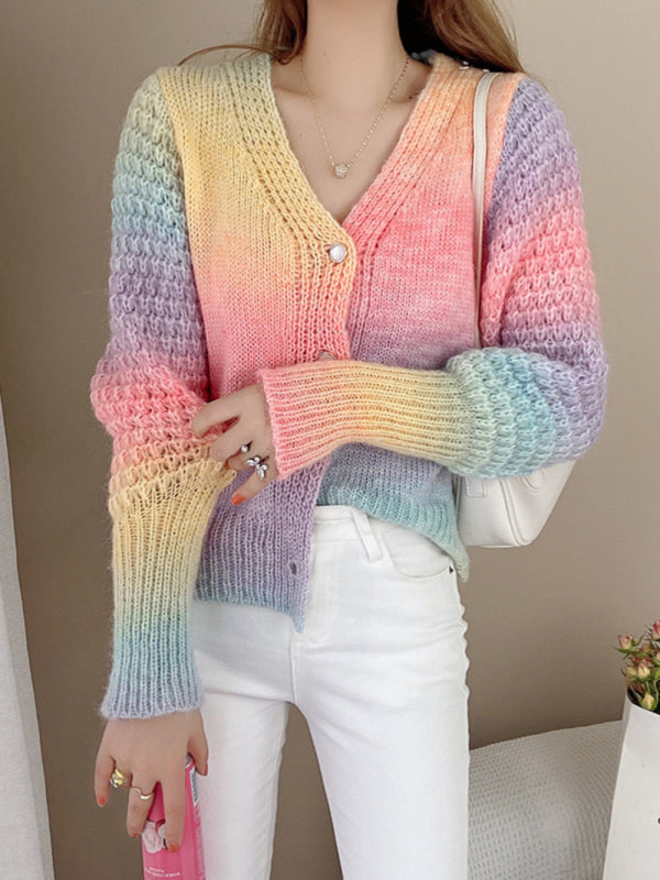 Rainbow Gradient Color Sweater Loose Lazy Long-sleeved V-neck Knit Cardigan