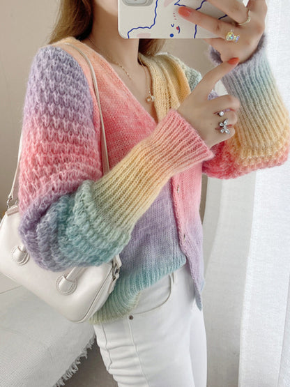 Rainbow Gradient Color Sweater Loose Lazy Long-sleeved V-neck Knit Cardigan