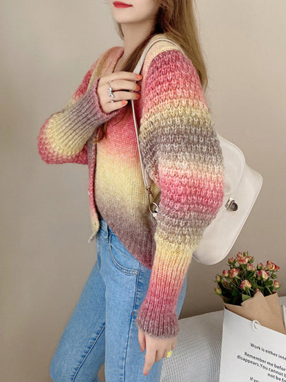 Rainbow Gradient Color Sweater Loose Lazy Long-sleeved V-neck Knit Cardigan