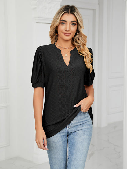 Women's knitted casual V-neck solid color hollow puff sleeve loose T-shirt