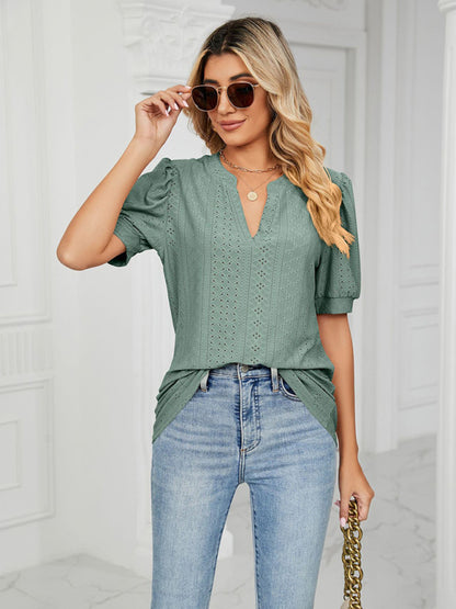 Women's knitted casual V-neck solid color hollow puff sleeve loose T-shirt