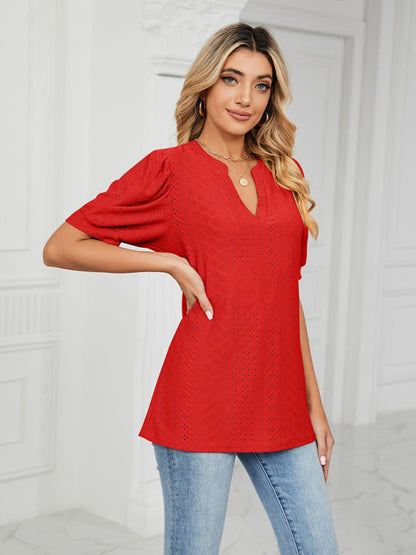 Women's knitted casual V-neck solid color hollow puff sleeve loose T-shirt