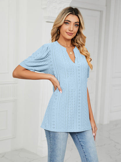 Women's knitted casual V-neck solid color hollow puff sleeve loose T-shirt