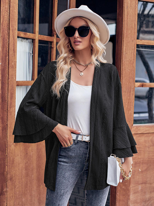 Solid Color Casual Bell Sleeve Knit Cardigan Top
