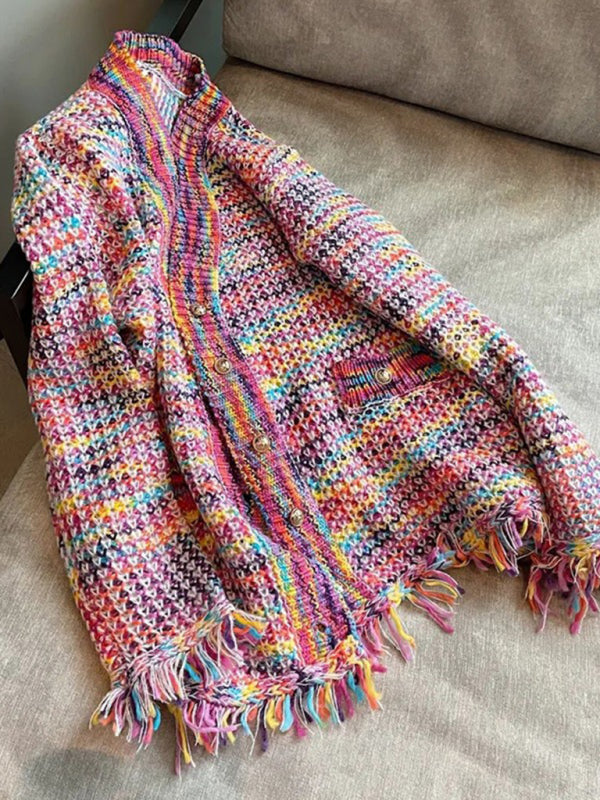 Lazy knit cardigan over fringed sweater jacket
