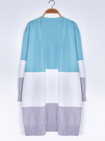 New contrast color long rainbow patchwork striped cardigan sweater jacket