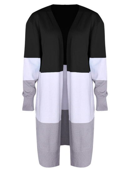New contrast color long rainbow patchwork striped cardigan sweater jacket