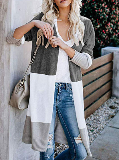 New contrast color long rainbow patchwork striped cardigan sweater jacket