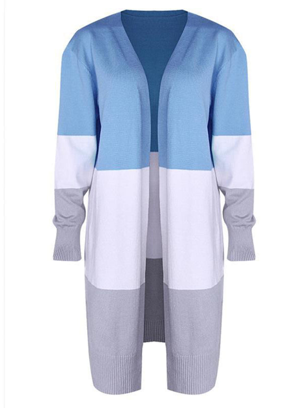 New contrast color long rainbow patchwork striped cardigan sweater jacket