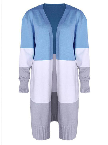 New contrast color long rainbow patchwork striped cardigan sweater jacket