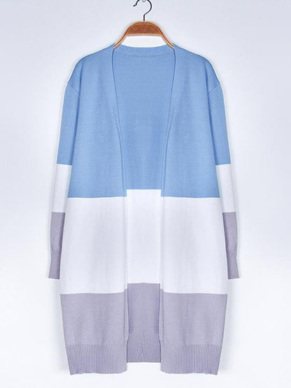 New contrast color long rainbow patchwork striped cardigan sweater jacket