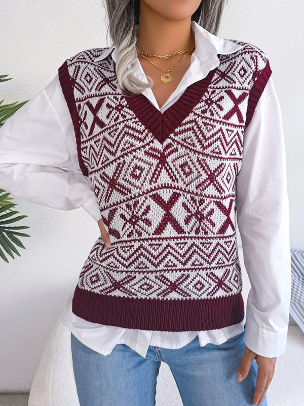 Women's new Christmas snowflake pattern V-neck knitted vest sweater