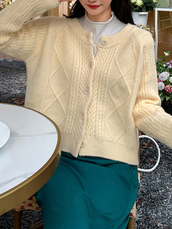 New retro gentle solid color round neck twist knitted cardigan loose short sweater jacket
