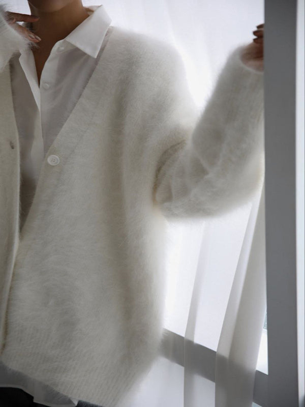 Women's loose long sleeve long wool V-neck sweater cardigan