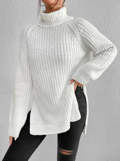 Women's casual pullover turtleneck slit loose sweater