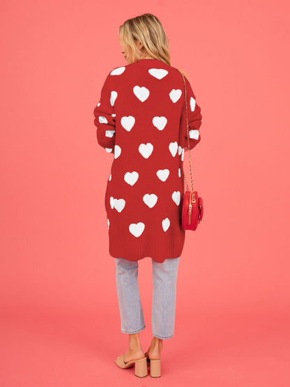 Women's knitted love pocket V-neck mid-length cardigan