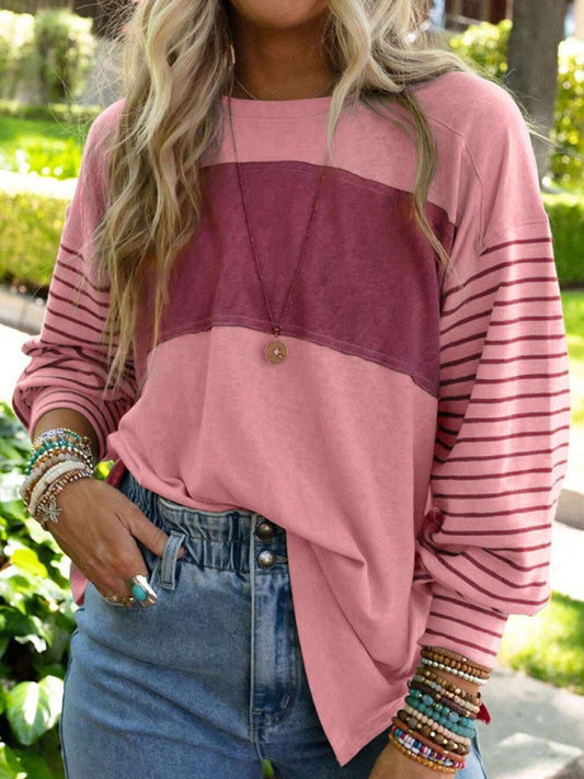 Pullover round neck casual striped contrast long-sleeved T-shirt