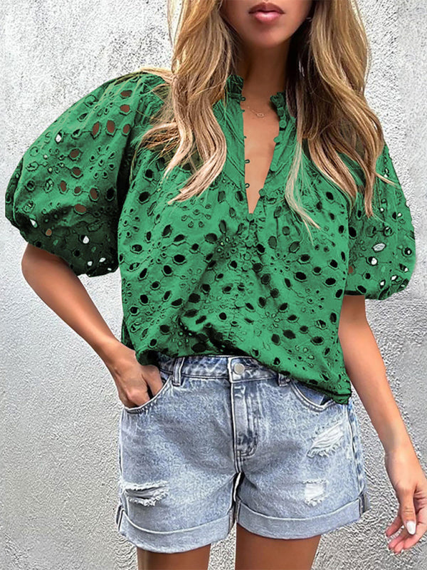 Women's New Style Puff Sleeve Embroidered Shirt