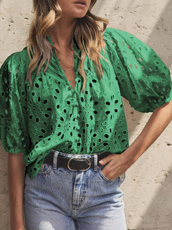 Women's New Style Puff Sleeve Embroidered Shirt
