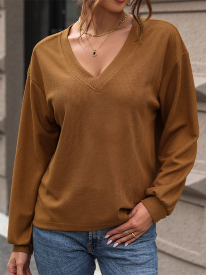 New women's waffle v-neck long-sleeved T-shirt