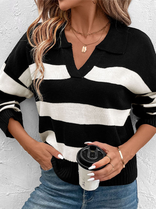 New women's loose tops black and white striped lapel sweaters