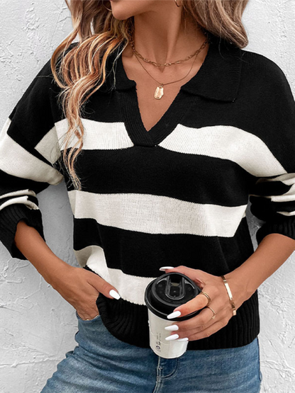 New women's loose tops black and white striped lapel sweaters