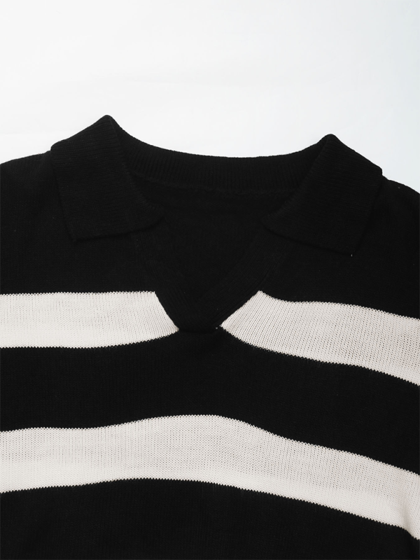 New women's loose tops black and white striped lapel sweaters
