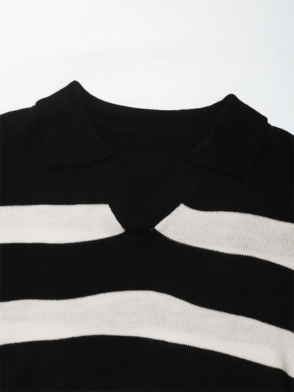 New women's loose tops black and white striped lapel sweaters