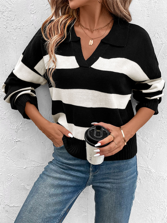 New women's loose tops black and white striped lapel sweaters