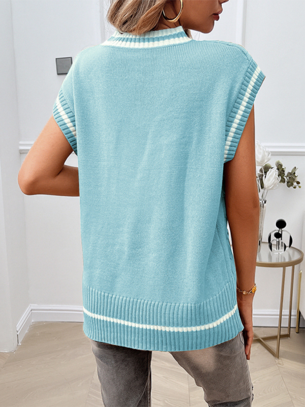Women's Loose Casual V-Neck Contrast Color Vest Sweater