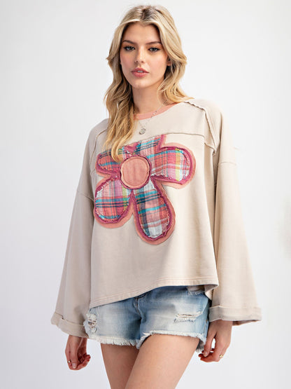 Women's Colorblock Floral Patch Top Casual Loose Sweatshirt