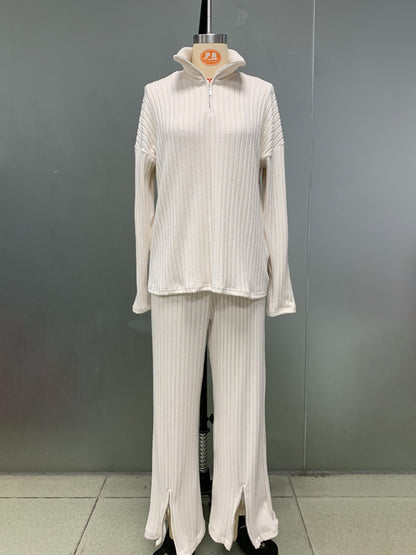 New women's solid color zipper knitted suit high collar ribbed home wear two-piece suit