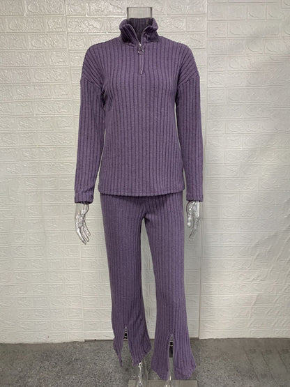 New women's solid color zipper knitted suit high collar ribbed home wear two-piece suit