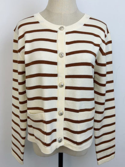 New round neck gold button cardigan sweater color striped knitted outerwear top