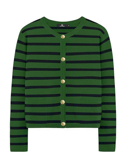New round neck gold button cardigan sweater color striped knitted outerwear top
