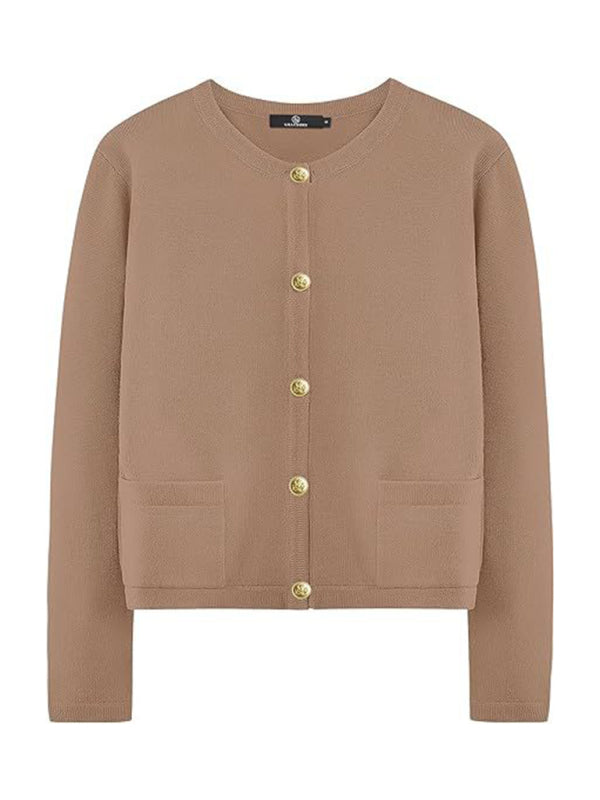 New round neck gold button cardigan sweater color striped knitted outerwear top