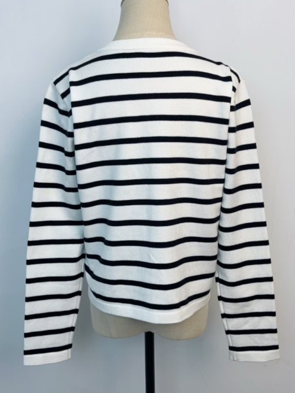 New round neck gold button cardigan sweater color striped knitted outerwear top