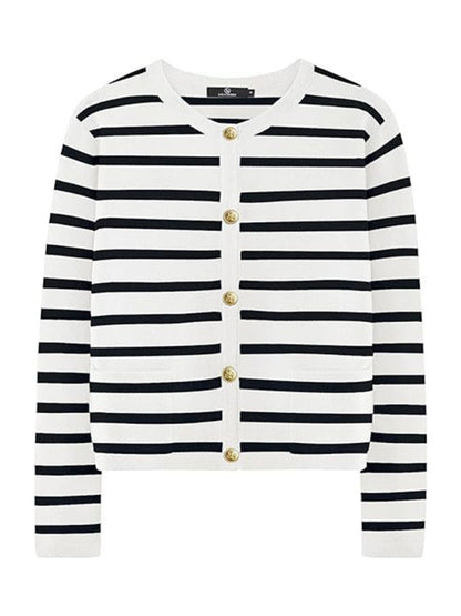 New round neck gold button cardigan sweater color striped knitted outerwear top