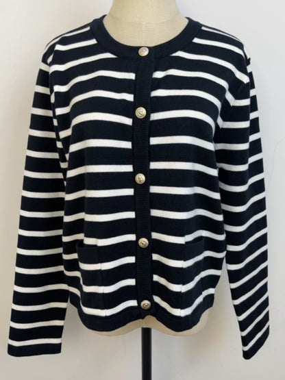 New round neck gold button cardigan sweater color striped knitted outerwear top