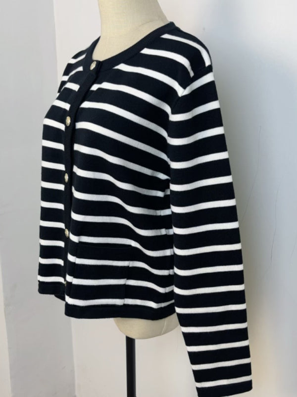 New round neck gold button cardigan sweater color striped knitted outerwear top
