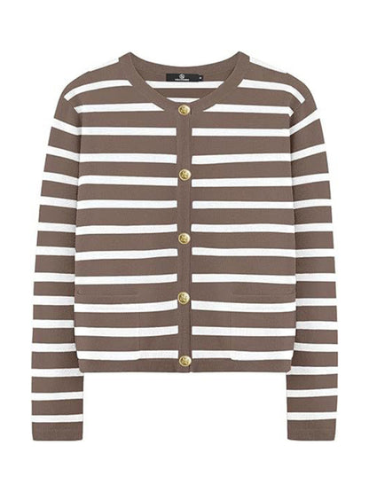 New round neck gold button cardigan sweater color striped knitted outerwear top