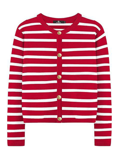 New round neck gold button cardigan sweater color striped knitted outerwear top