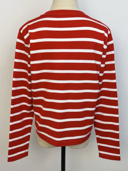 New round neck gold button cardigan sweater color striped knitted outerwear top