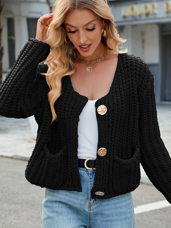 New solid color thick needle sweater jacket loose soft lazy style knitted cardigan