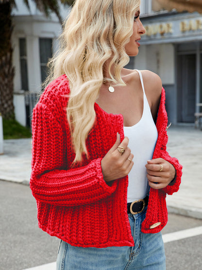 New solid color thick needle sweater jacket loose soft lazy style knitted cardigan