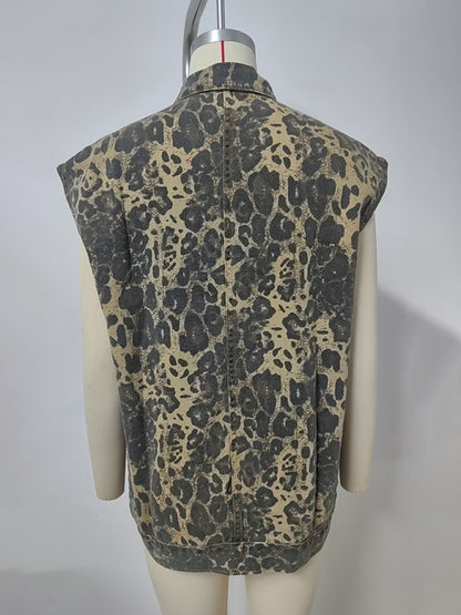Washed denim new loose leopard print vest waistcoat