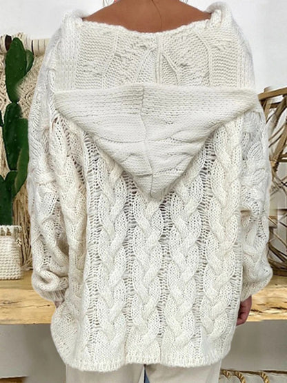Women's long-sleeved hooded V-neck knitted loose pullover sweater (without necklace)