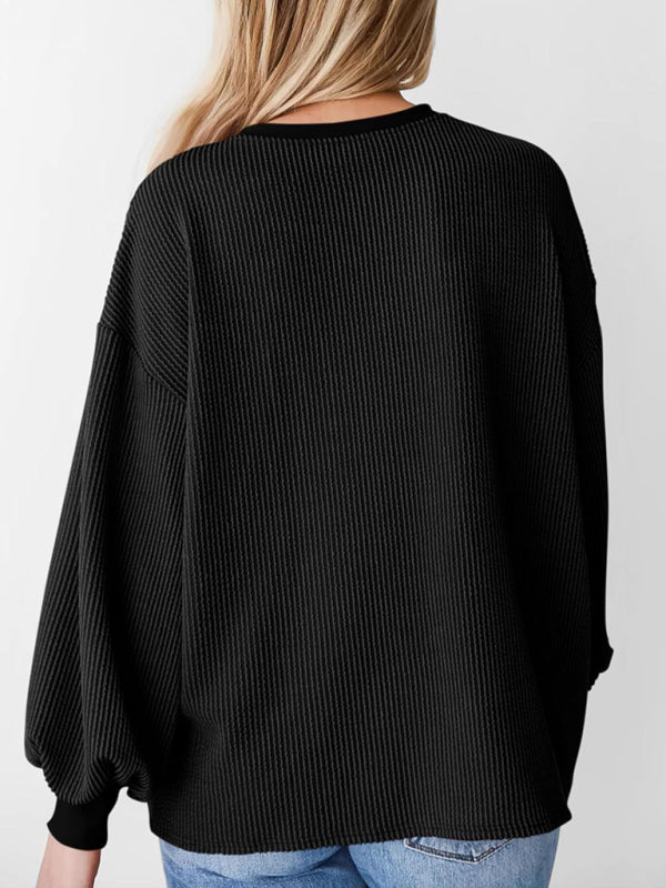 New textured small pit stripe loose long-sleeved T-shirt top fashionable casual sweatshirt