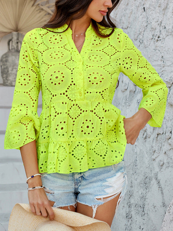 Solid color hollow v-neck three-quarter sleeve shirt